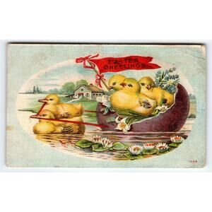 Vintage Easter Fantasy Postcard with Yellow Chicks in Egg Boat & Water Lilies